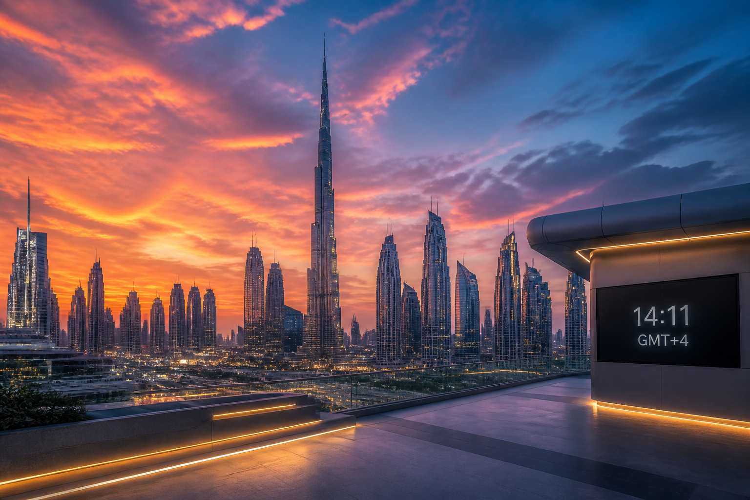 Ciel de dubai au coucher du soleil heure precise