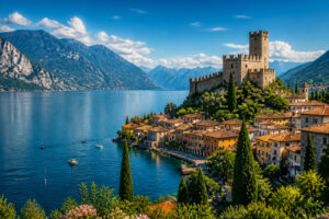 Lac de garde italie village et chateau medieval