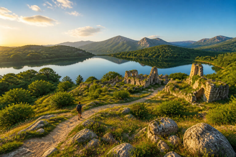 Lac de larina ruines et sentier au coucher du soleil