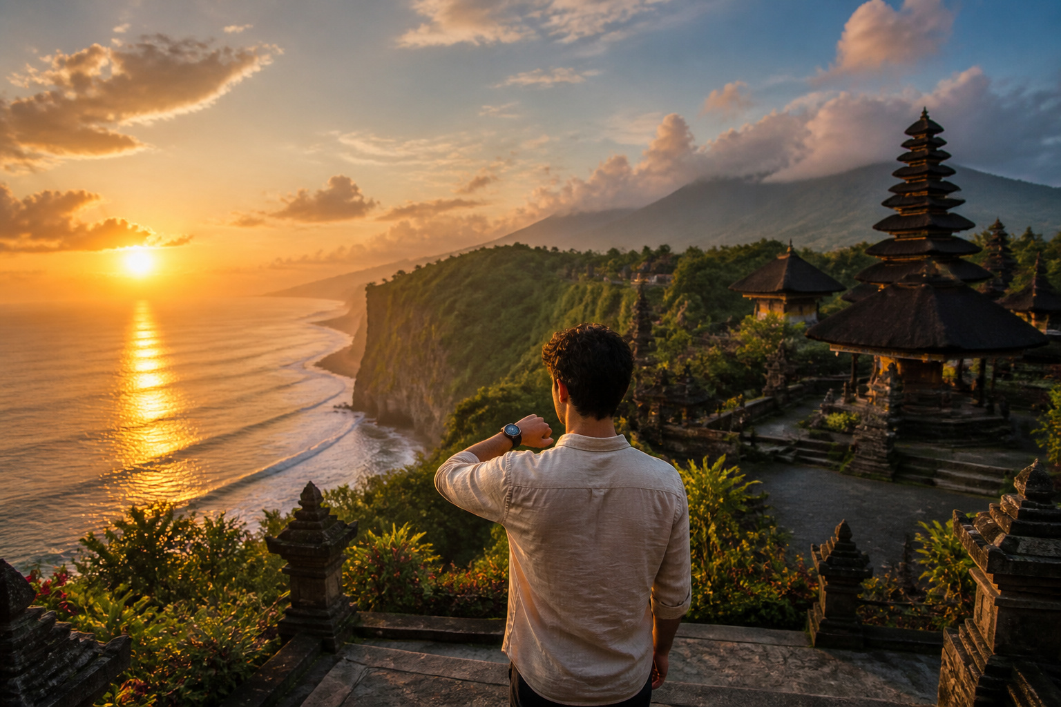 Coucher de soleil a bali un voyageur contemple le temps