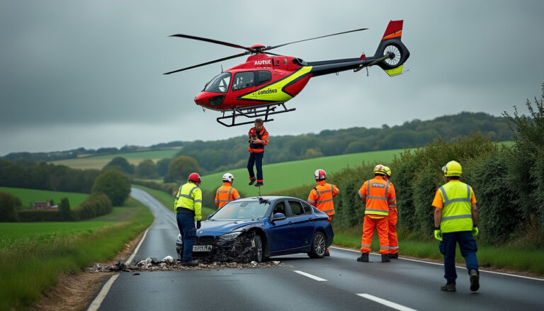 urgence en vendée : un homme gravement blessé après une sortie de route, héliporté pour des soins rapides et urgents.