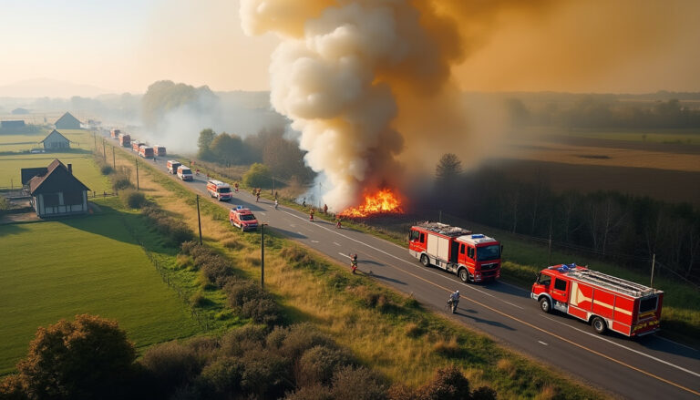 incendie tôt ce matin en vendée : route bloquée, forte fumée et intervention rapide des pompiers dans la commune affectée.